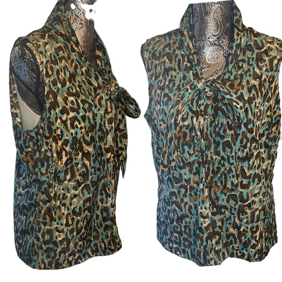 Ellen Tracy animal Print turquoise brown‎ bow tie sleeveless button up blouse 14 - Picture 1 of 9